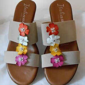 Italiana Women's IS Julliet Slip On Sandals Colorful Fabric Flowers-Size 7M